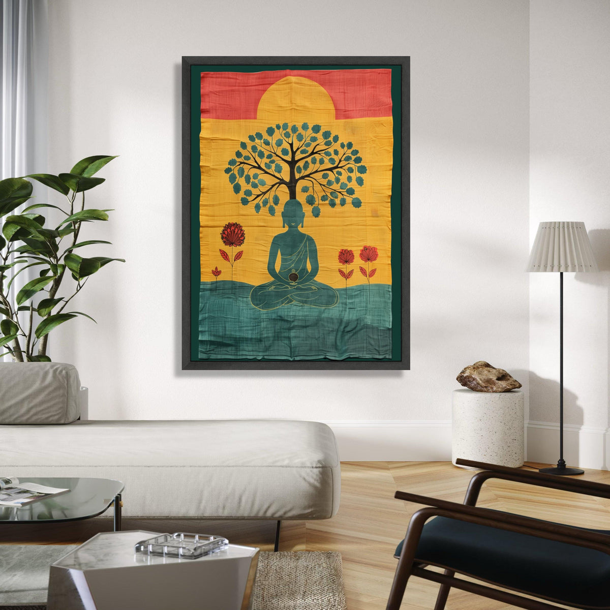 Meditating Buddha Under Tree Canvas, Spiritual Wall Art, Zen Meditation Decor, Mindfulness Artwork, Peaceful Gift Art, Home Decor, Print