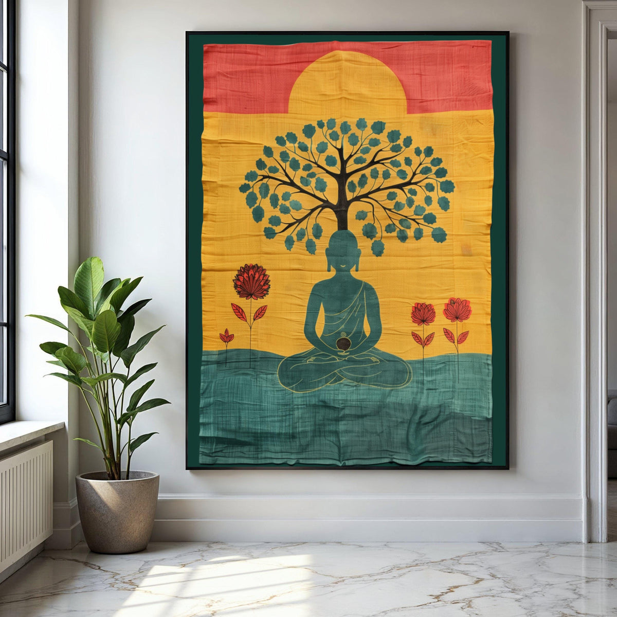 Meditating Buddha Under Tree Canvas, Spiritual Wall Art, Zen Meditation Decor, Mindfulness Artwork, Peaceful Gift Art, Home Decor, Print