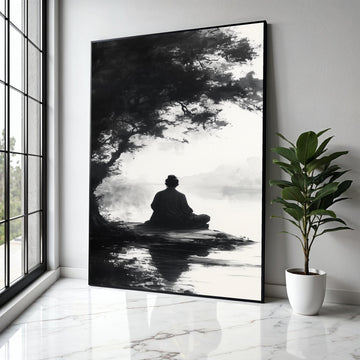 Meditative Silence Canvas Wall Art, Zen Monk by Lake, Black and White Tranquil Nature Scene, Asian Inspired Gift Art, Home Decor, Print