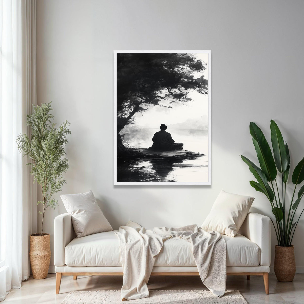 Meditative Silence Canvas Wall Art, Zen Monk by Lake, Black and White Tranquil Nature Scene, Asian Inspired Gift Art, Home Decor, Print