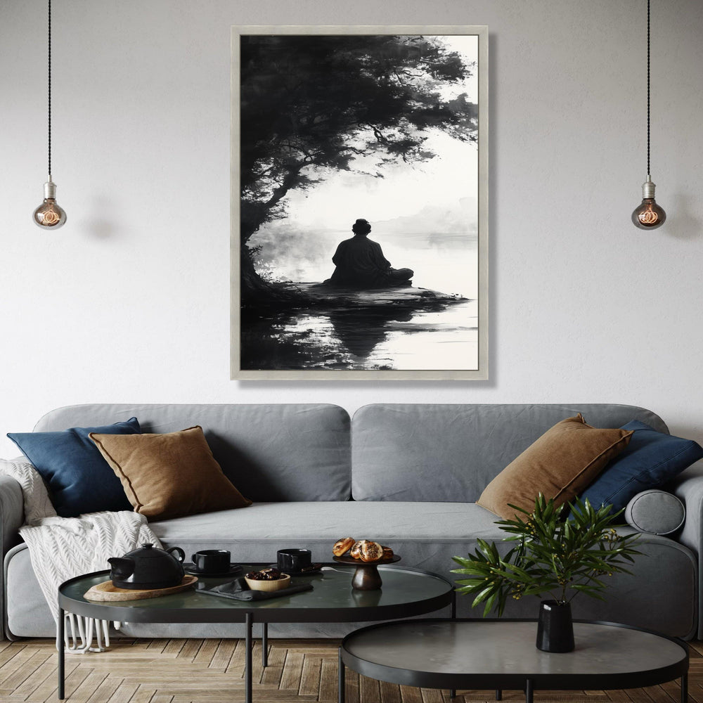 Meditative Silence Canvas Wall Art, Zen Monk by Lake, Black and White Tranquil Nature Scene, Asian Inspired Gift Art, Home Decor, Print