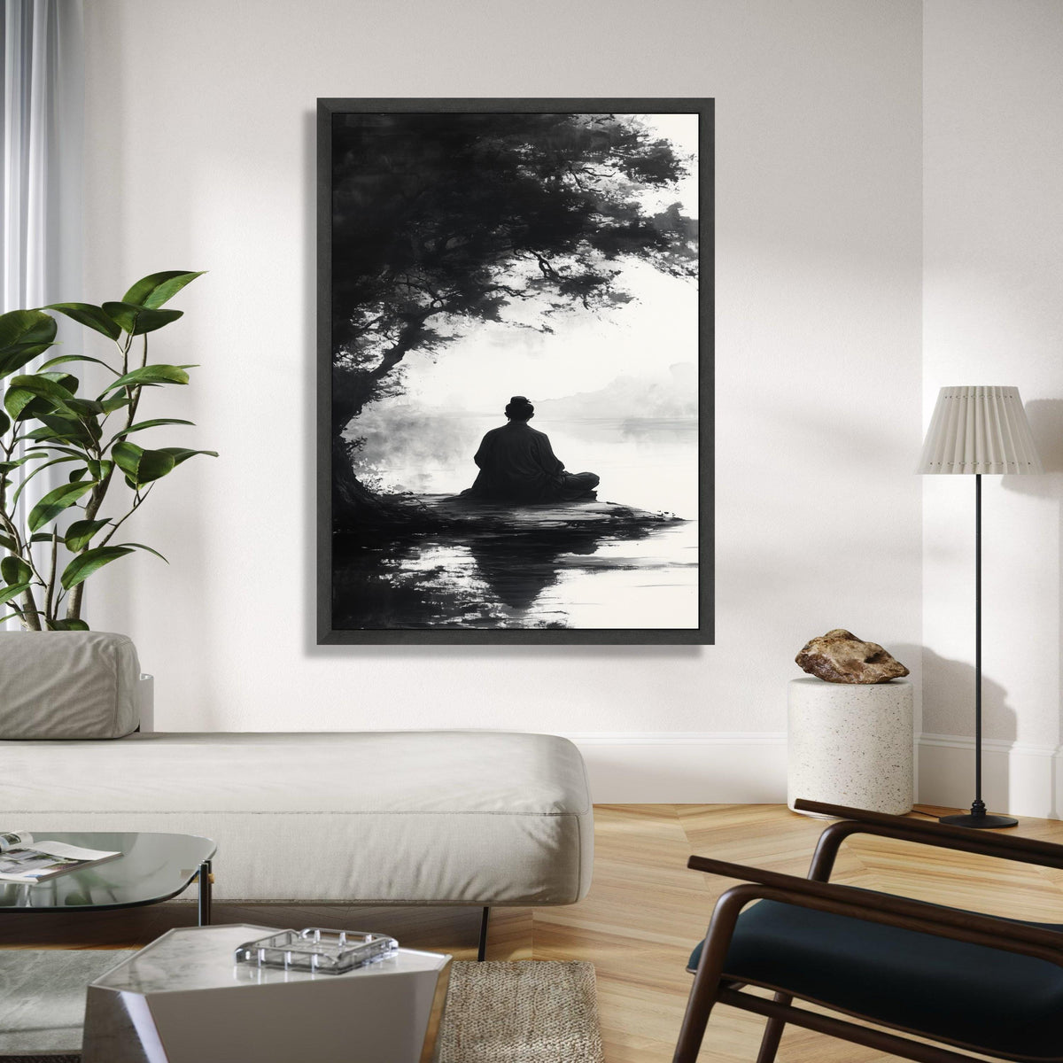 Meditative Silence Canvas Wall Art, Zen Monk by Lake, Black and White Tranquil Nature Scene, Asian Inspired Gift Art, Home Decor, Print