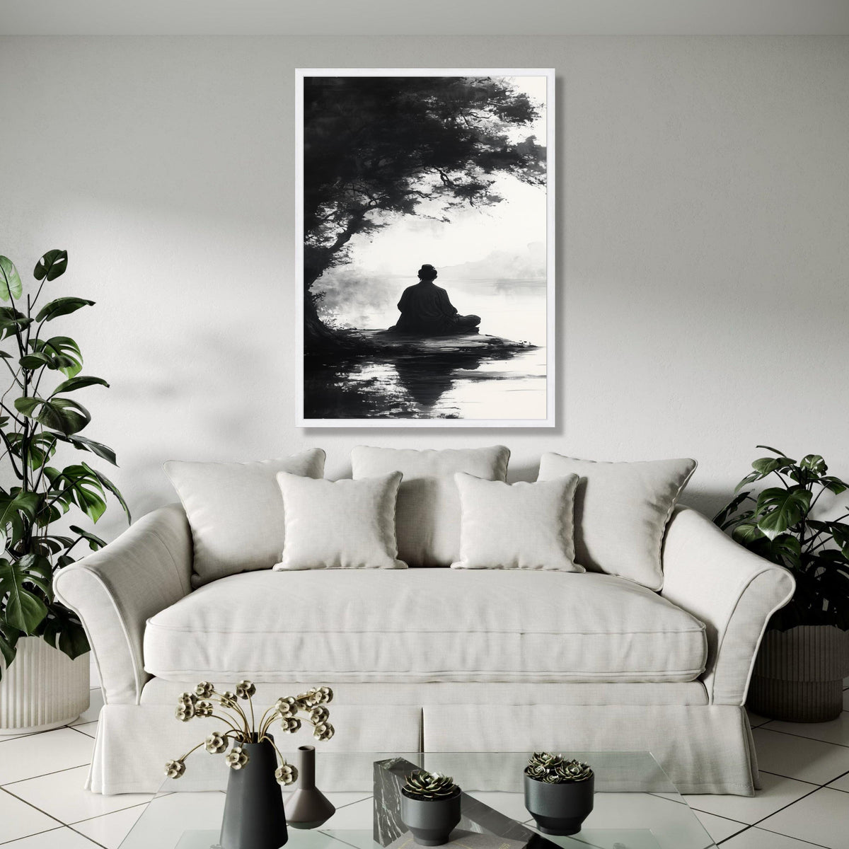 Meditative Silence Canvas Wall Art, Zen Monk by Lake, Black and White Tranquil Nature Scene, Asian Inspired Gift Art, Home Decor, Print