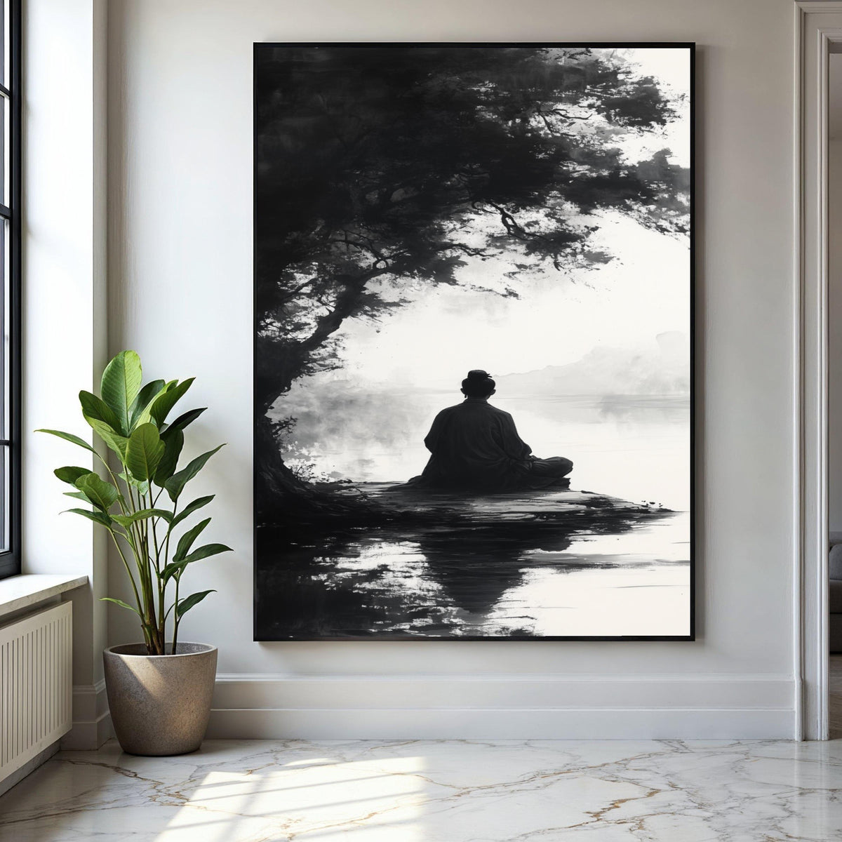 Meditative Silence Canvas Wall Art, Zen Monk by Lake, Black and White Tranquil Nature Scene, Asian Inspired Gift Art, Home Decor, Print
