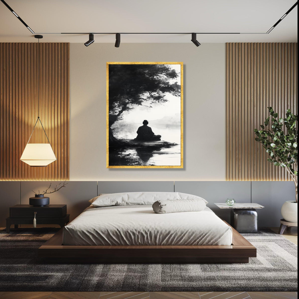 Meditative Silence Canvas Wall Art, Zen Monk by Lake, Black and White Tranquil Nature Scene, Asian Inspired Gift Art, Home Decor, Print