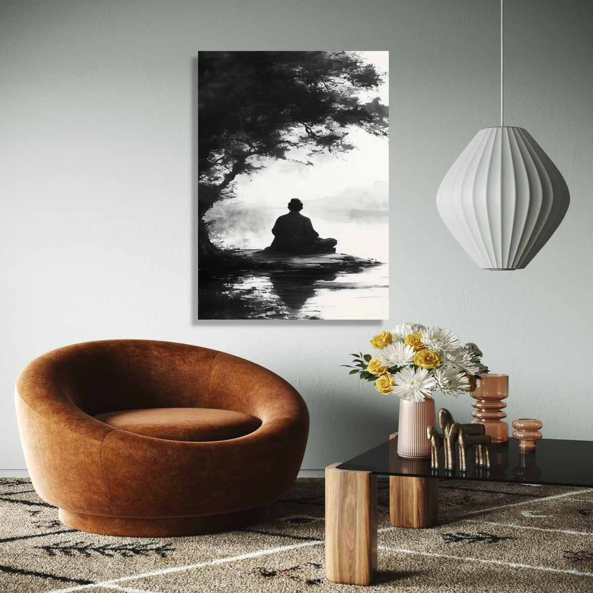Meditative Silence Canvas Wall Art, Zen Monk by Lake, Black and White Tranquil Nature Scene, Asian Inspired Gift Art, Home Decor, Print