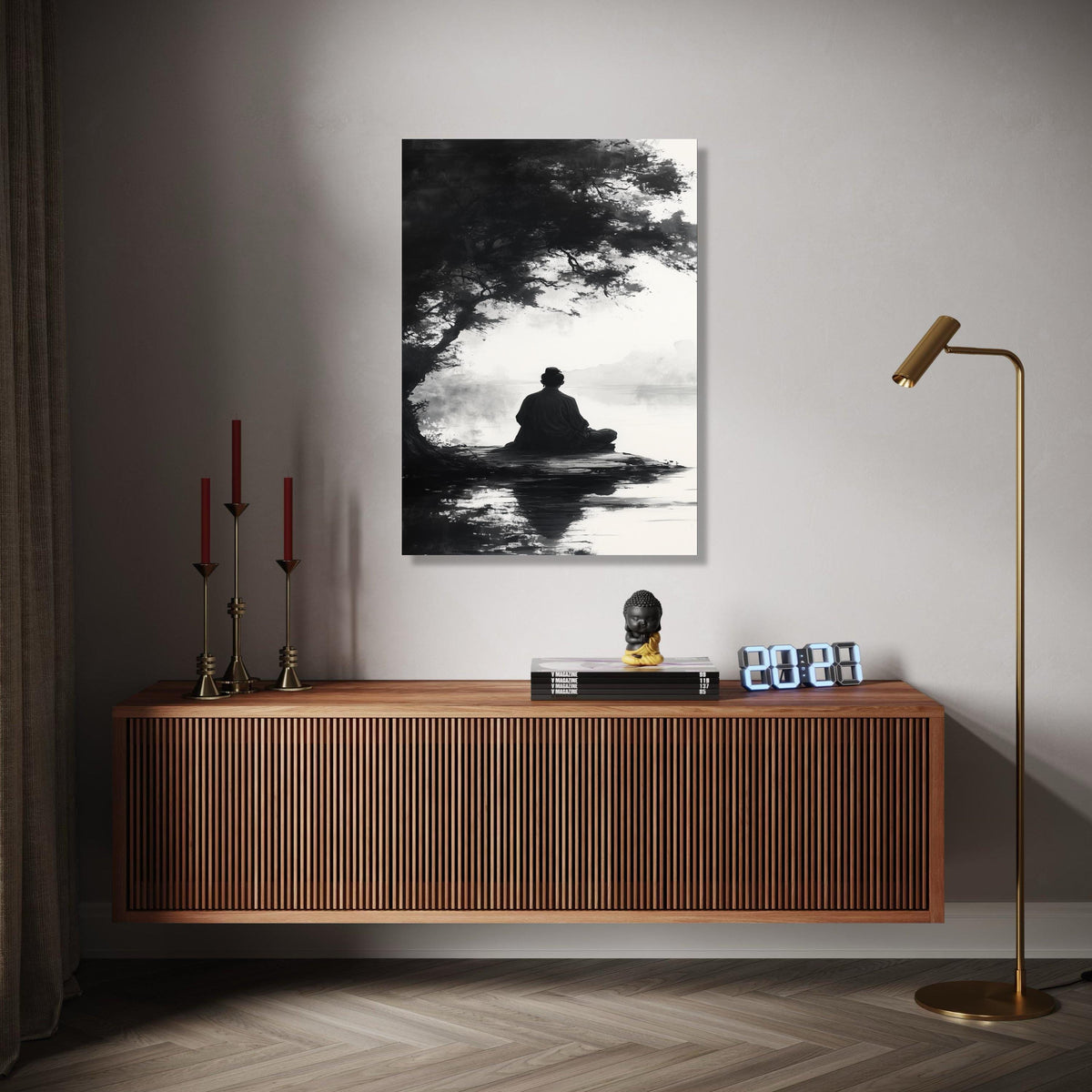 Meditative Silence Canvas Wall Art, Zen Monk by Lake, Black and White Tranquil Nature Scene, Asian Inspired Gift Art, Home Decor, Print