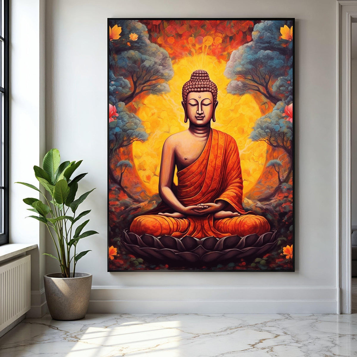 Meditative Buddha Canvas Wall Art, Spiritual Meditation Decor, Orange Robe Buddha Painting, Zen Home Decoration, Gift Art, Home Decor, Print