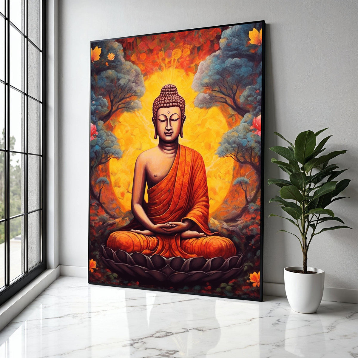 Meditative Buddha Canvas Wall Art, Spiritual Meditation Decor, Orange Robe Buddha Painting, Zen Home Decoration, Gift Art, Home Decor, Print