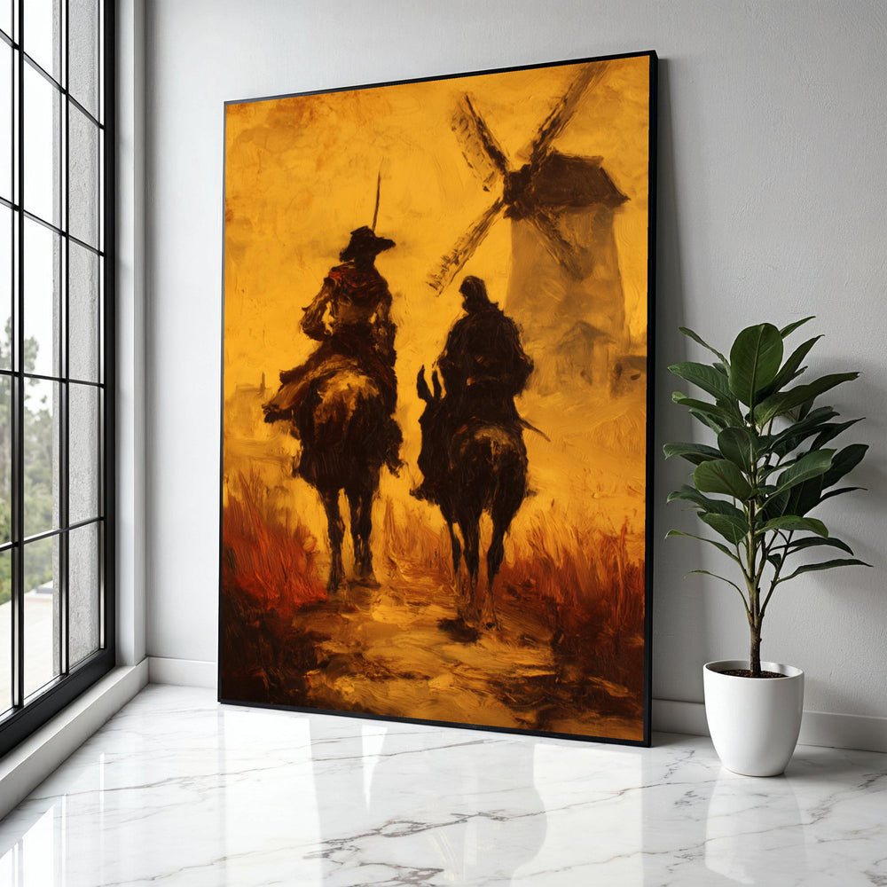Don Quixote and Sancho Panza, Vintage Literary Canvas, Windmill Scene Wall Art, Classic Spanish Tale Painting, Gift Art, Home Decor, Print