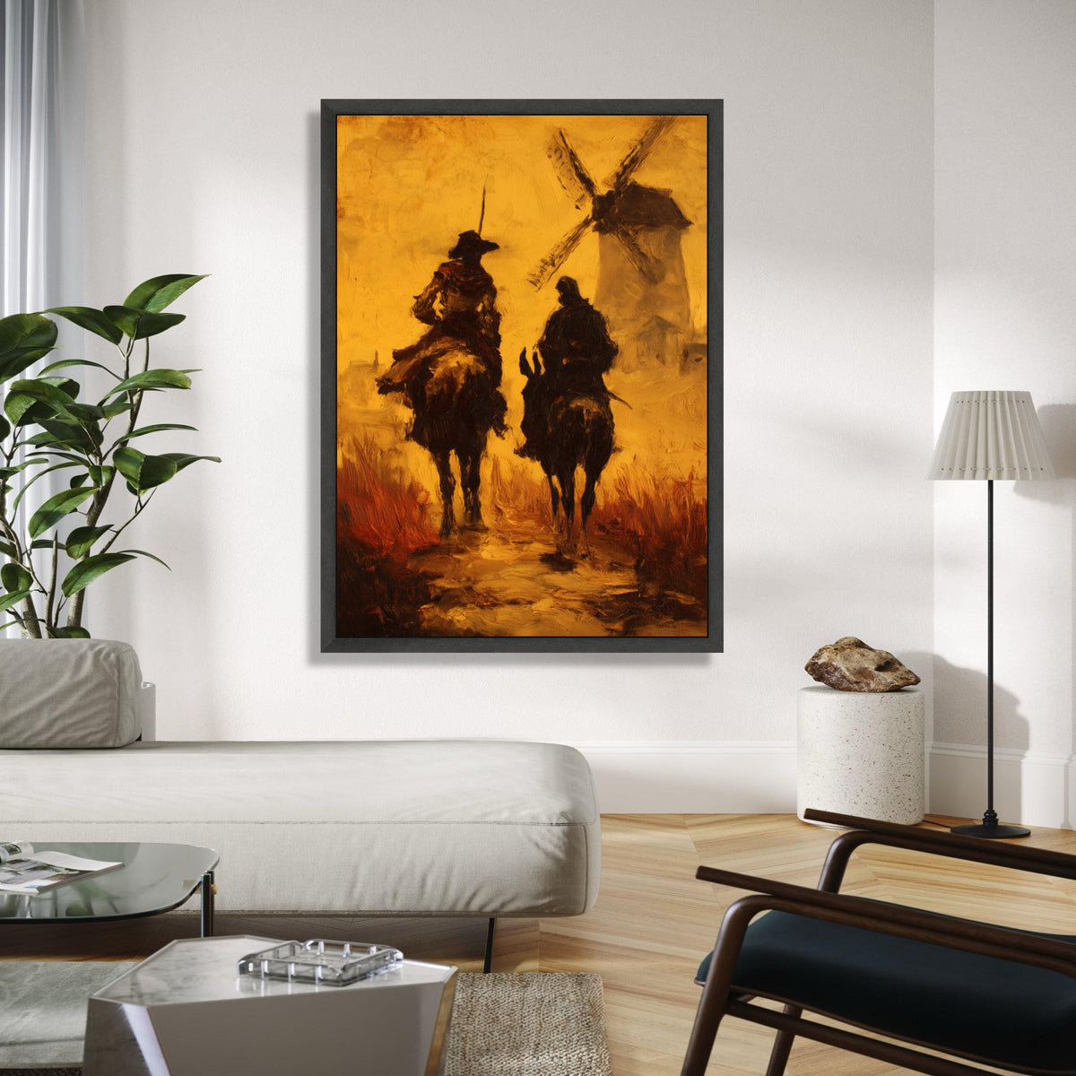 Don Quixote and Sancho Panza, Vintage Literary Canvas, Windmill Scene Wall Art, Classic Spanish Tale Painting, Gift Art, Home Decor, Print