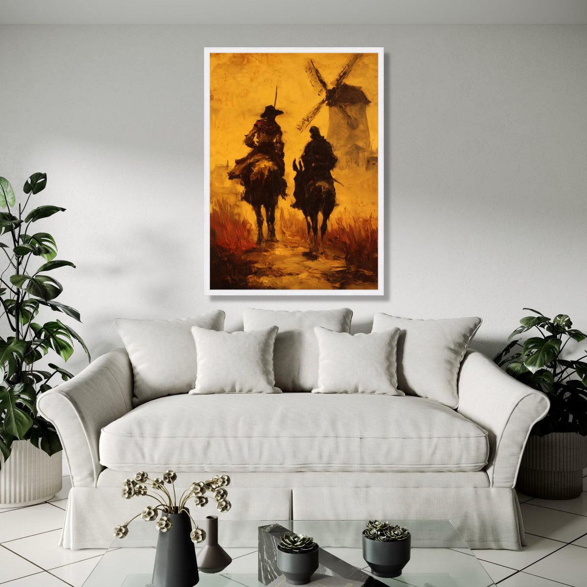 Don Quixote and Sancho Panza, Vintage Literary Canvas, Windmill Scene Wall Art, Classic Spanish Tale Painting, Gift Art, Home Decor, Print