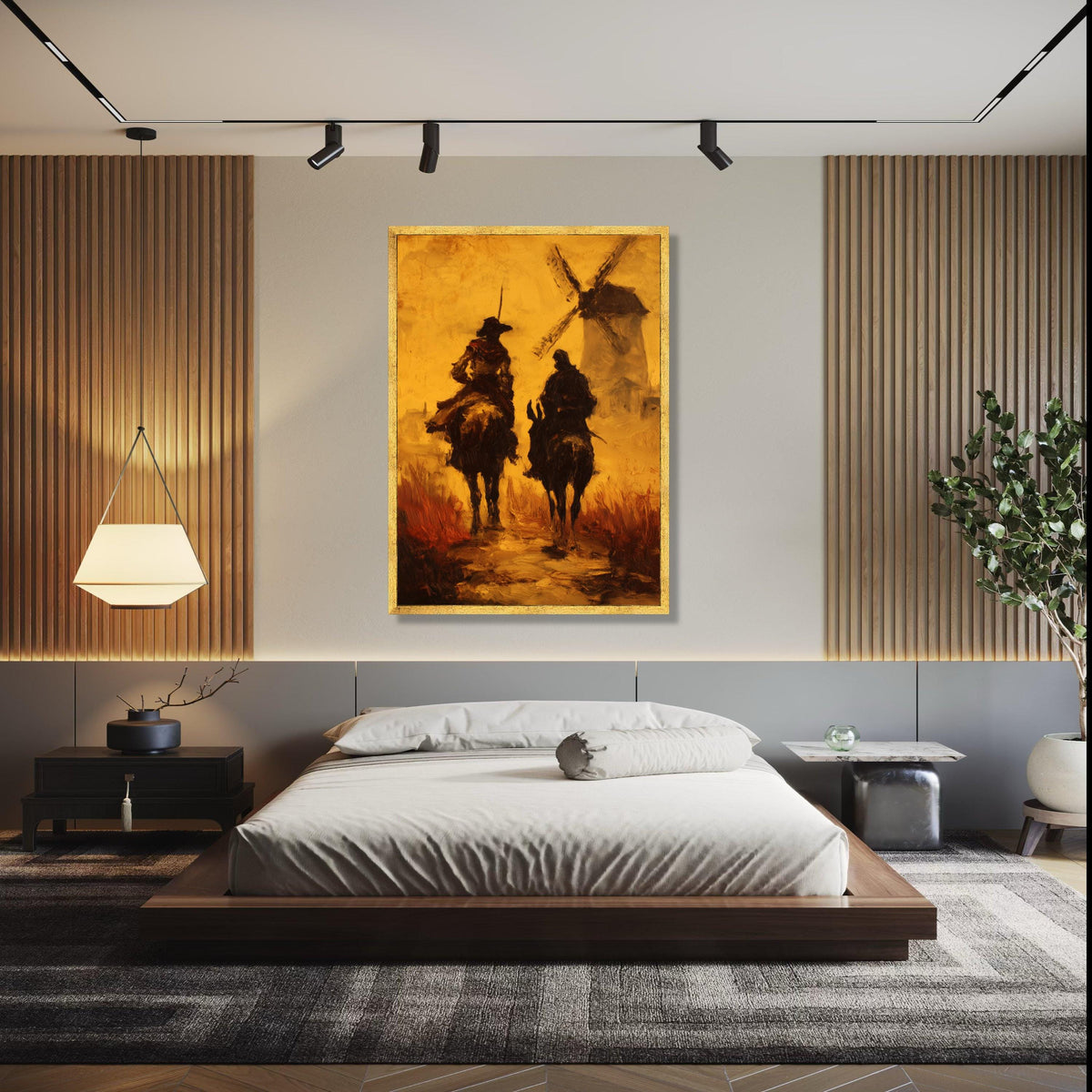 Don Quixote and Sancho Panza, Vintage Literary Canvas, Windmill Scene Wall Art, Classic Spanish Tale Painting, Gift Art, Home Decor, Print