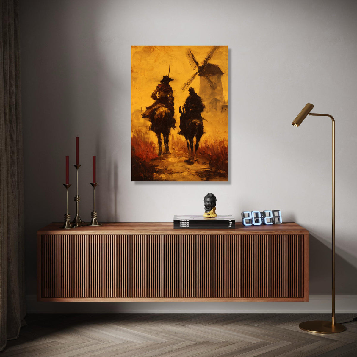 Don Quixote and Sancho Panza, Vintage Literary Canvas, Windmill Scene Wall Art, Classic Spanish Tale Painting, Gift Art, Home Decor, Print