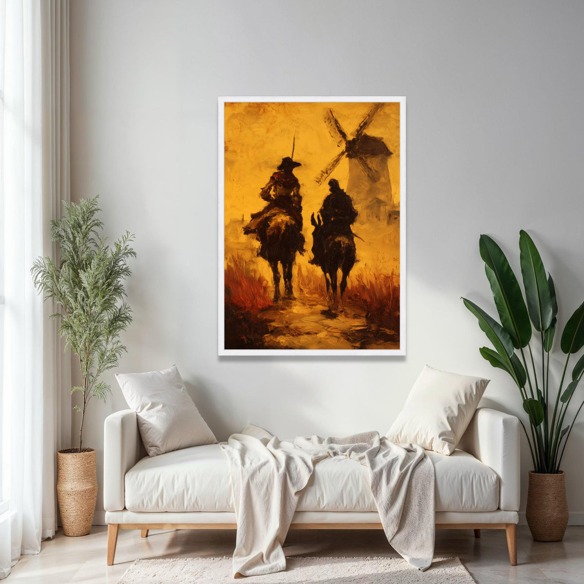 Don Quixote and Sancho Panza, Vintage Literary Canvas, Windmill Scene Wall Art, Classic Spanish Tale Painting, Gift Art, Home Decor, Print