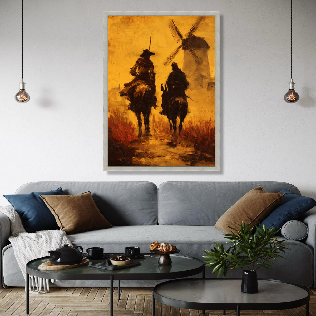 Don Quixote and Sancho Panza, Vintage Literary Canvas, Windmill Scene Wall Art, Classic Spanish Tale Painting, Gift Art, Home Decor, Print
