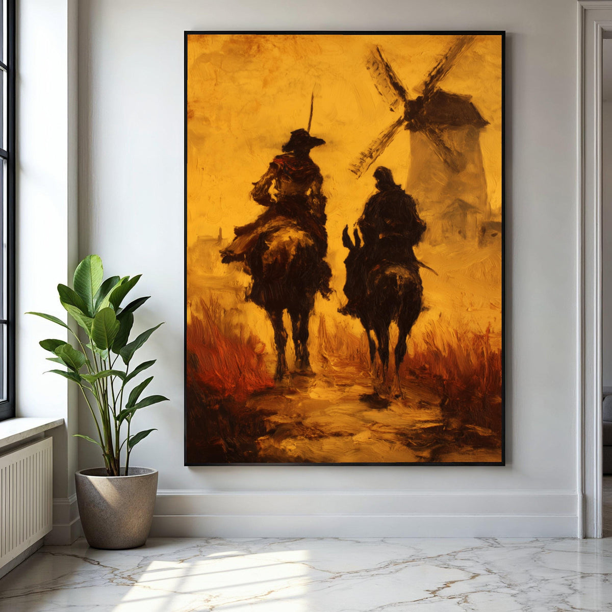 Don Quixote and Sancho Panza, Vintage Literary Canvas, Windmill Scene Wall Art, Classic Spanish Tale Painting, Gift Art, Home Decor, Print