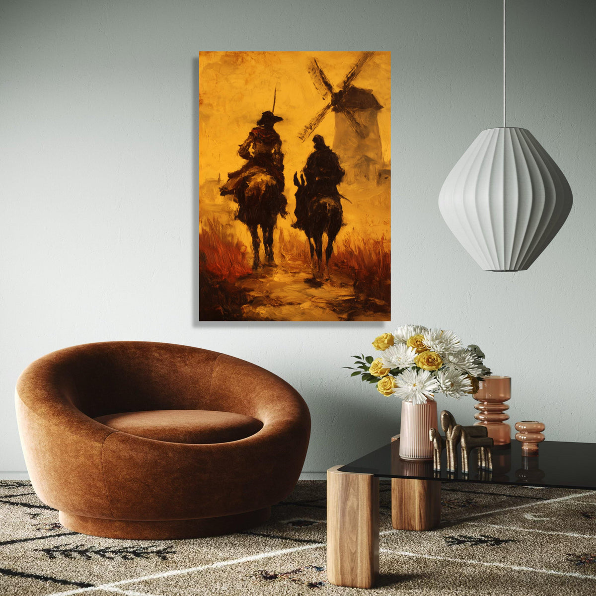 Don Quixote and Sancho Panza, Vintage Literary Canvas, Windmill Scene Wall Art, Classic Spanish Tale Painting, Gift Art, Home Decor, Print