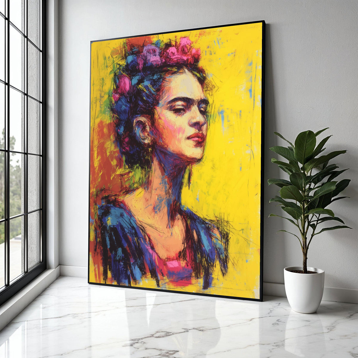 Vibrant Frida Portrait Canvas, Colorful Wall Art, Modern Abstract Home Decor, Artistic Female Face Canvas, Ready Gift Art, Home Decor, Print