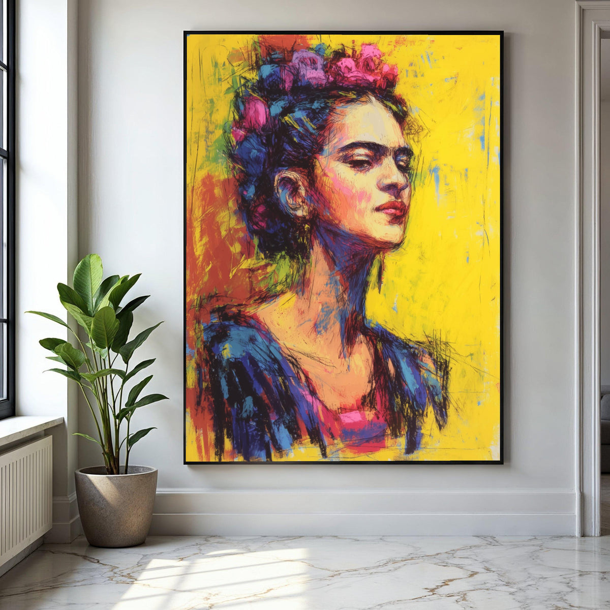 Vibrant Frida Portrait Canvas, Colorful Wall Art, Modern Abstract Home Decor, Artistic Female Face Canvas, Ready Gift Art, Home Decor, Print