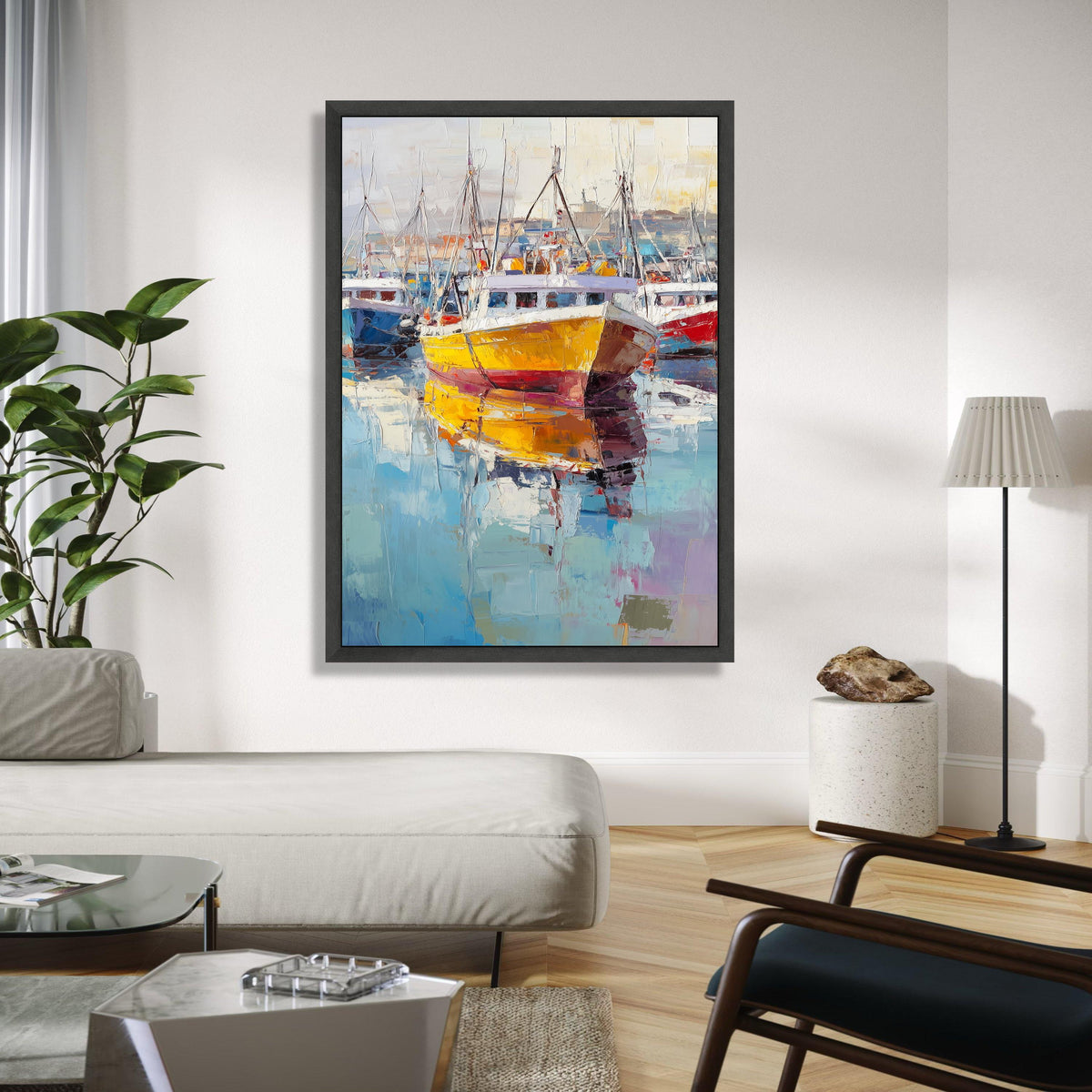 Vibrant Harbor Scene, Colorful Fishing Boats Canvas, Seaside Wall Art, Nautical Decor, Modern Marine Painting, Gift Art, Home Decor, Print