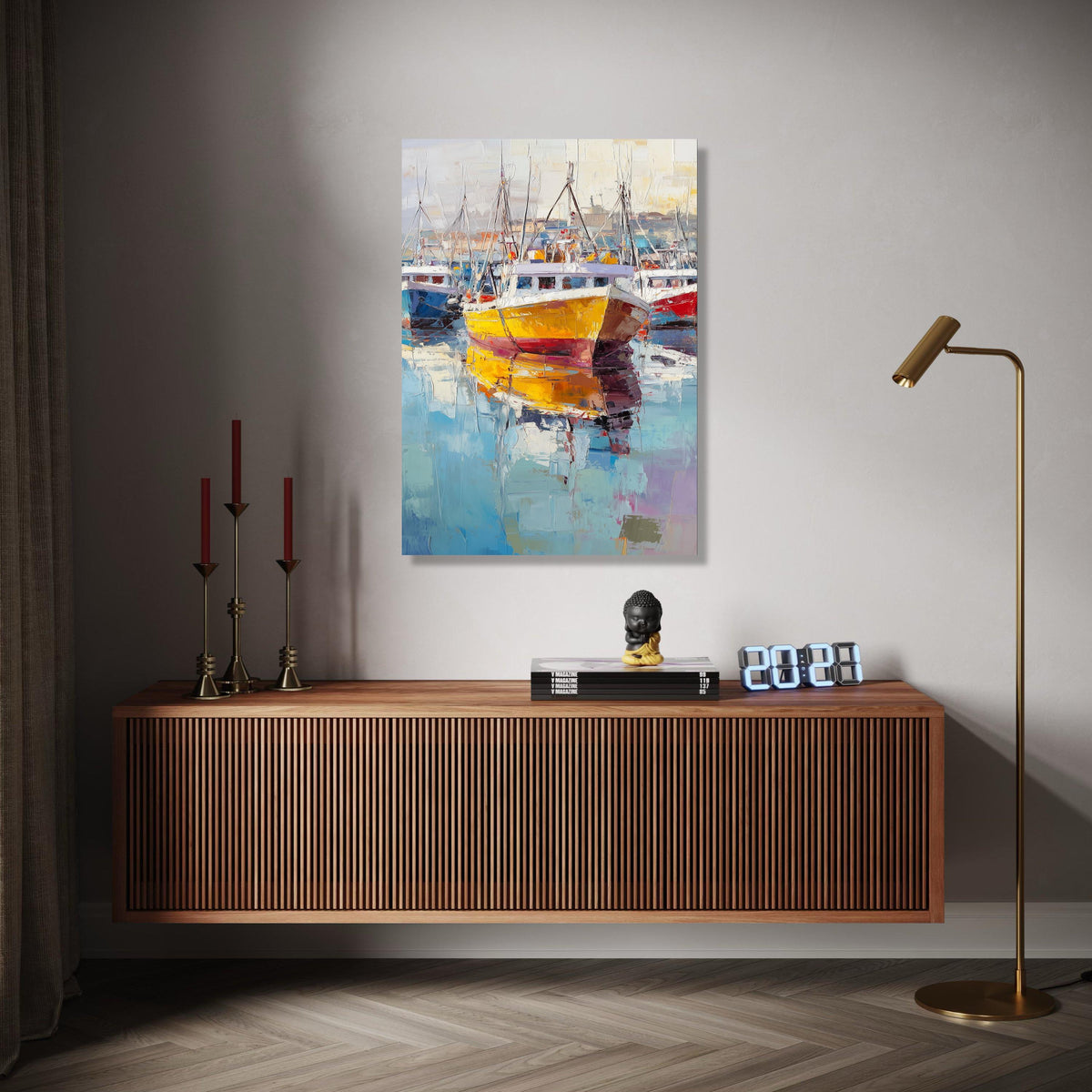 Vibrant Harbor Scene, Colorful Fishing Boats Canvas, Seaside Wall Art, Nautical Decor, Modern Marine Painting, Gift Art, Home Decor, Print
