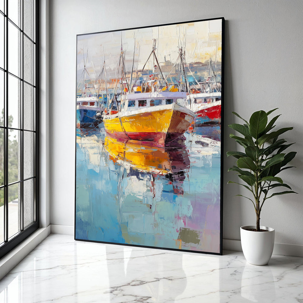 Vibrant Harbor Scene, Colorful Fishing Boats Canvas, Seaside Wall Art, Nautical Decor, Modern Marine Painting, Gift Art, Home Decor, Print