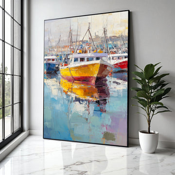 Vibrant Harbor Scene, Colorful Fishing Boats Canvas, Seaside Wall Art, Nautical Decor, Modern Marine Painting, Gift Art, Home Decor, Print