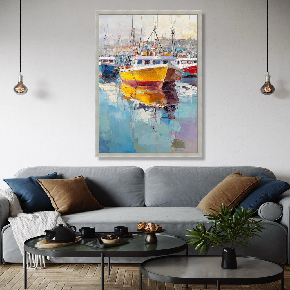 Vibrant Harbor Scene, Colorful Fishing Boats Canvas, Seaside Wall Art, Nautical Decor, Modern Marine Painting, Gift Art, Home Decor, Print