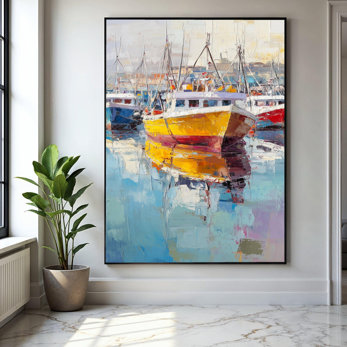 Vibrant Harbor Scene, Colorful Fishing Boats Canvas, Seaside Wall Art, Nautical Decor, Modern Marine Painting, Gift Art, Home Decor, Print