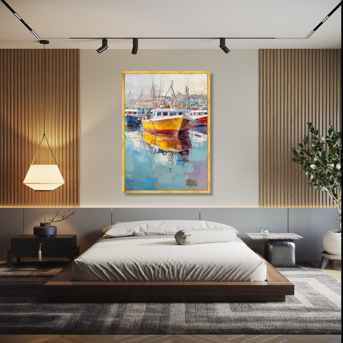 Vibrant Harbor Scene, Colorful Fishing Boats Canvas, Seaside Wall Art, Nautical Decor, Modern Marine Painting, Gift Art, Home Decor, Print