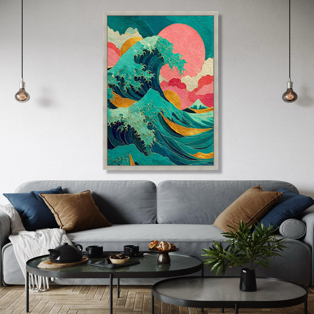 Abstract Ocean Wave Canvas, Gold Accents Wall Art, Japanese Inspired Seascape, Vibrant Modern Beach Decor, Wave Gift Art, Home Decor, Print