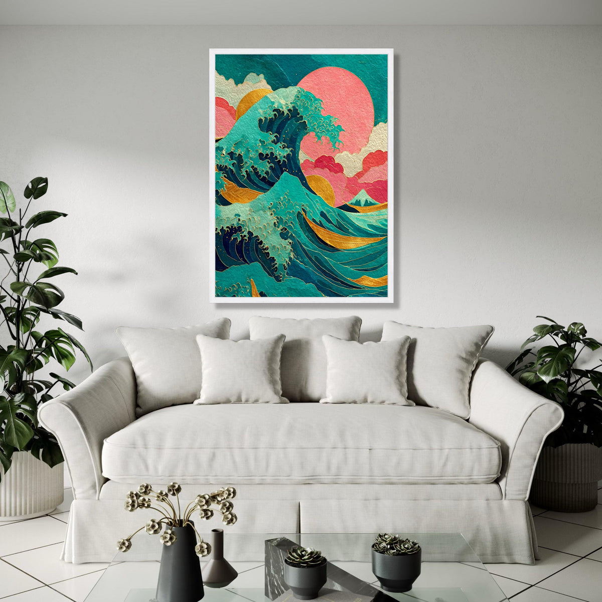 Abstract Ocean Wave Canvas, Gold Accents Wall Art, Japanese Inspired Seascape, Vibrant Modern Beach Decor, Wave Gift Art, Home Decor, Print
