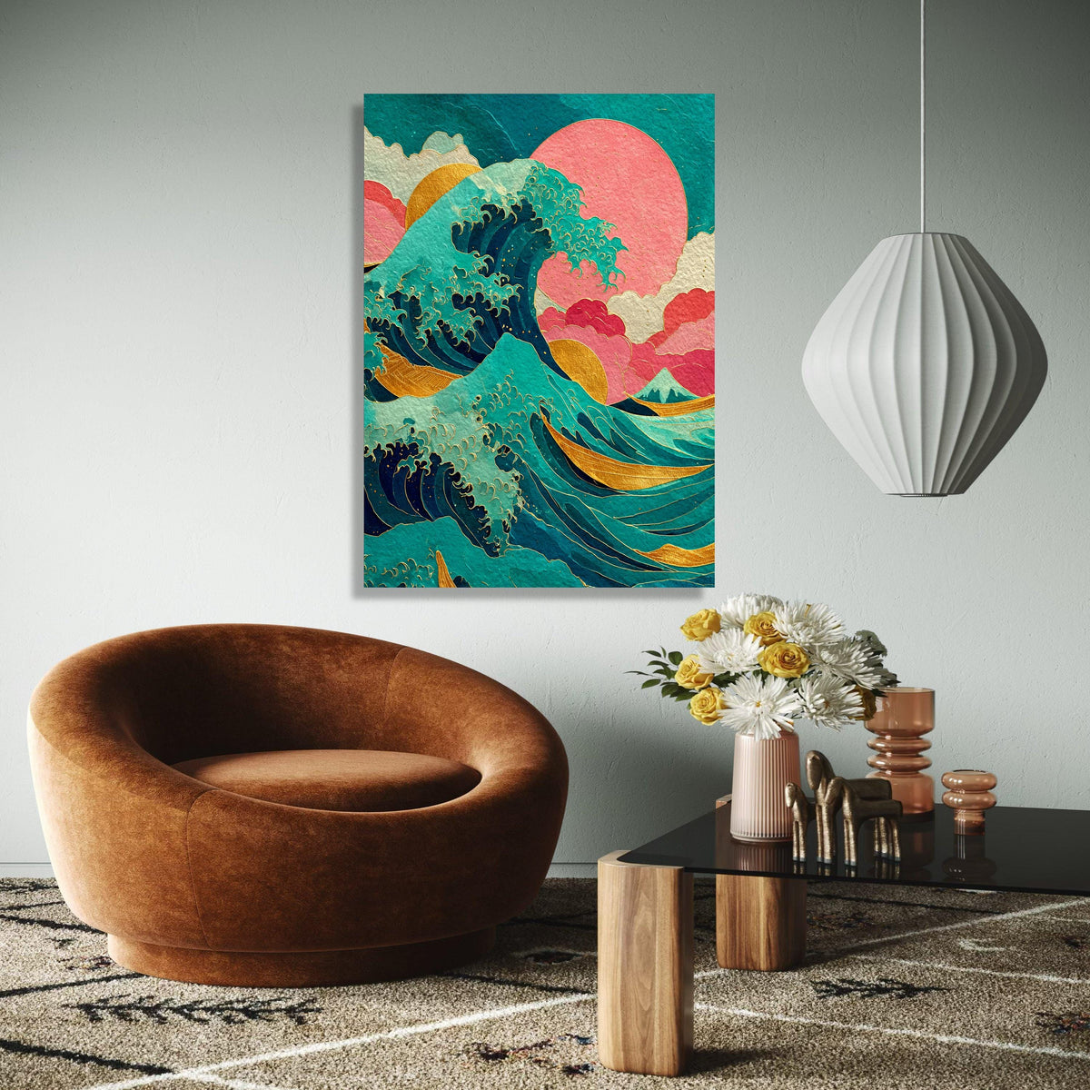 Abstract Ocean Wave Canvas, Gold Accents Wall Art, Japanese Inspired Seascape, Vibrant Modern Beach Decor, Wave Gift Art, Home Decor, Print