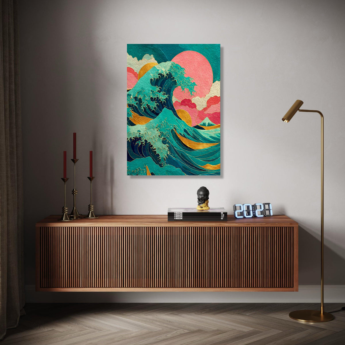 Abstract Ocean Wave Canvas, Gold Accents Wall Art, Japanese Inspired Seascape, Vibrant Modern Beach Decor, Wave Gift Art, Home Decor, Print