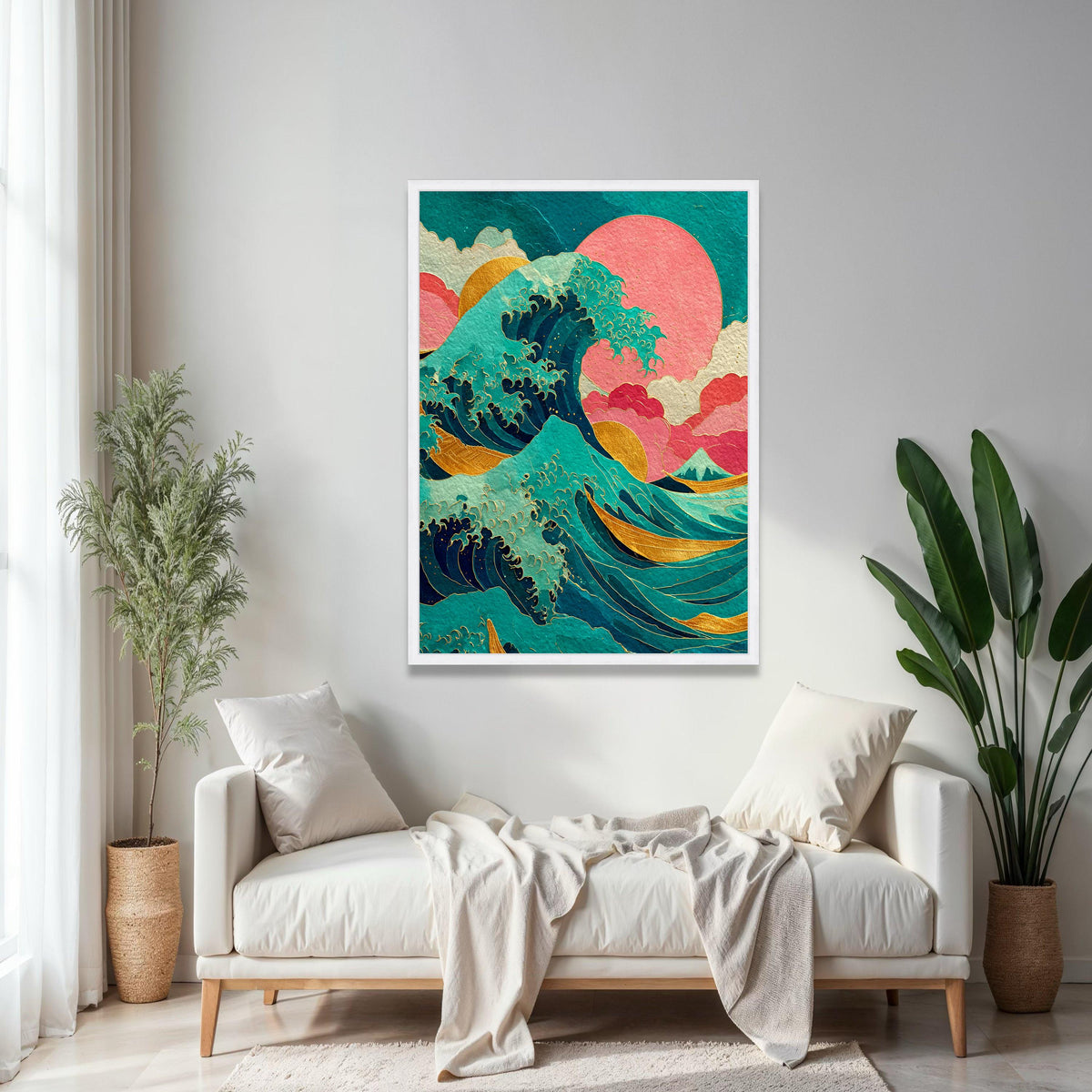 Abstract Ocean Wave Canvas, Gold Accents Wall Art, Japanese Inspired Seascape, Vibrant Modern Beach Decor, Wave Gift Art, Home Decor, Print