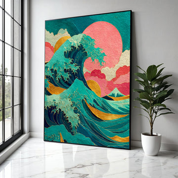 Abstract Ocean Wave Canvas, Gold Accents Wall Art, Japanese Inspired Seascape, Vibrant Modern Beach Decor, Wave Gift Art, Home Decor, Print