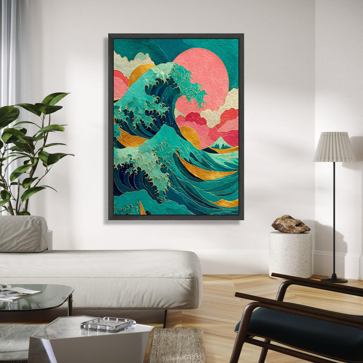 Abstract Ocean Wave Canvas, Gold Accents Wall Art, Japanese Inspired Seascape, Vibrant Modern Beach Decor, Wave Gift Art, Home Decor, Print