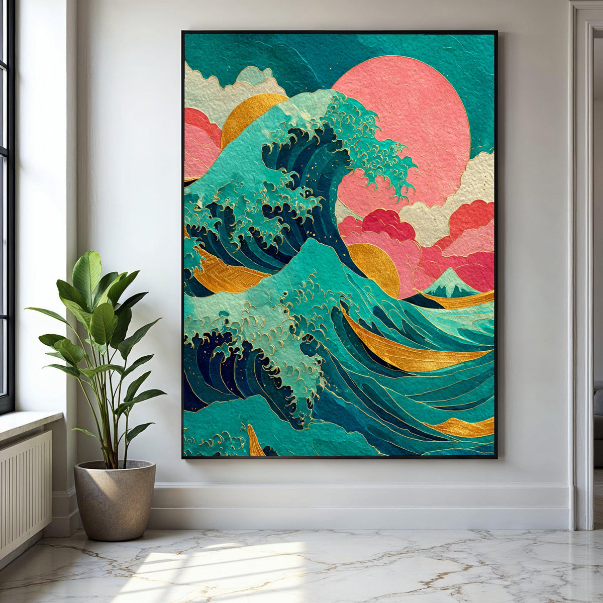 Abstract Ocean Wave Canvas, Gold Accents Wall Art, Japanese Inspired Seascape, Vibrant Modern Beach Decor, Wave Gift Art, Home Decor, Print