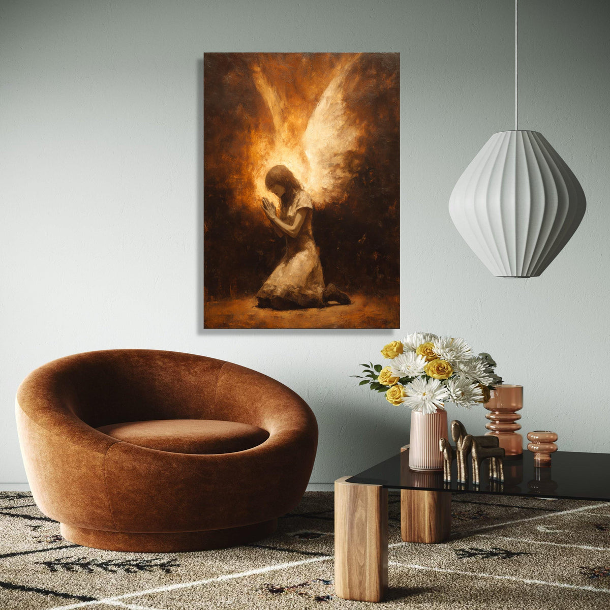 Praying Angel Canvas Wall Art, Spiritual Angel Wings Painting, Religious Home Decor, Inspirational Faith Gift Art, Home Decor, Print