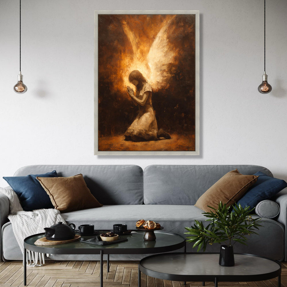 Praying Angel Canvas Wall Art, Spiritual Angel Wings Painting, Religious Home Decor, Inspirational Faith Gift Art, Home Decor, Print