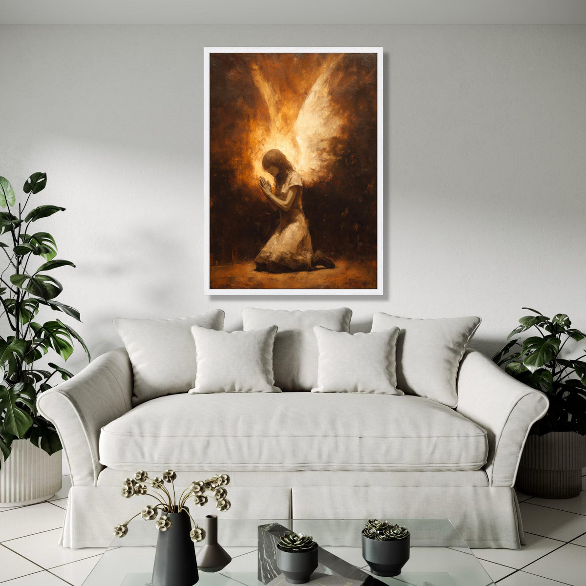 Praying Angel Canvas Wall Art, Spiritual Angel Wings Painting, Religious Home Decor, Inspirational Faith Gift Art, Home Decor, Print
