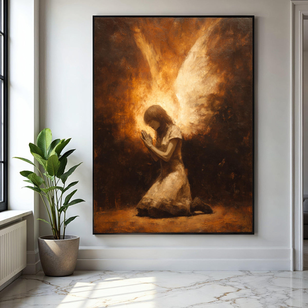 Praying Angel Canvas Wall Art, Spiritual Angel Wings Painting, Religious Home Decor, Inspirational Faith Gift Art, Home Decor, Print