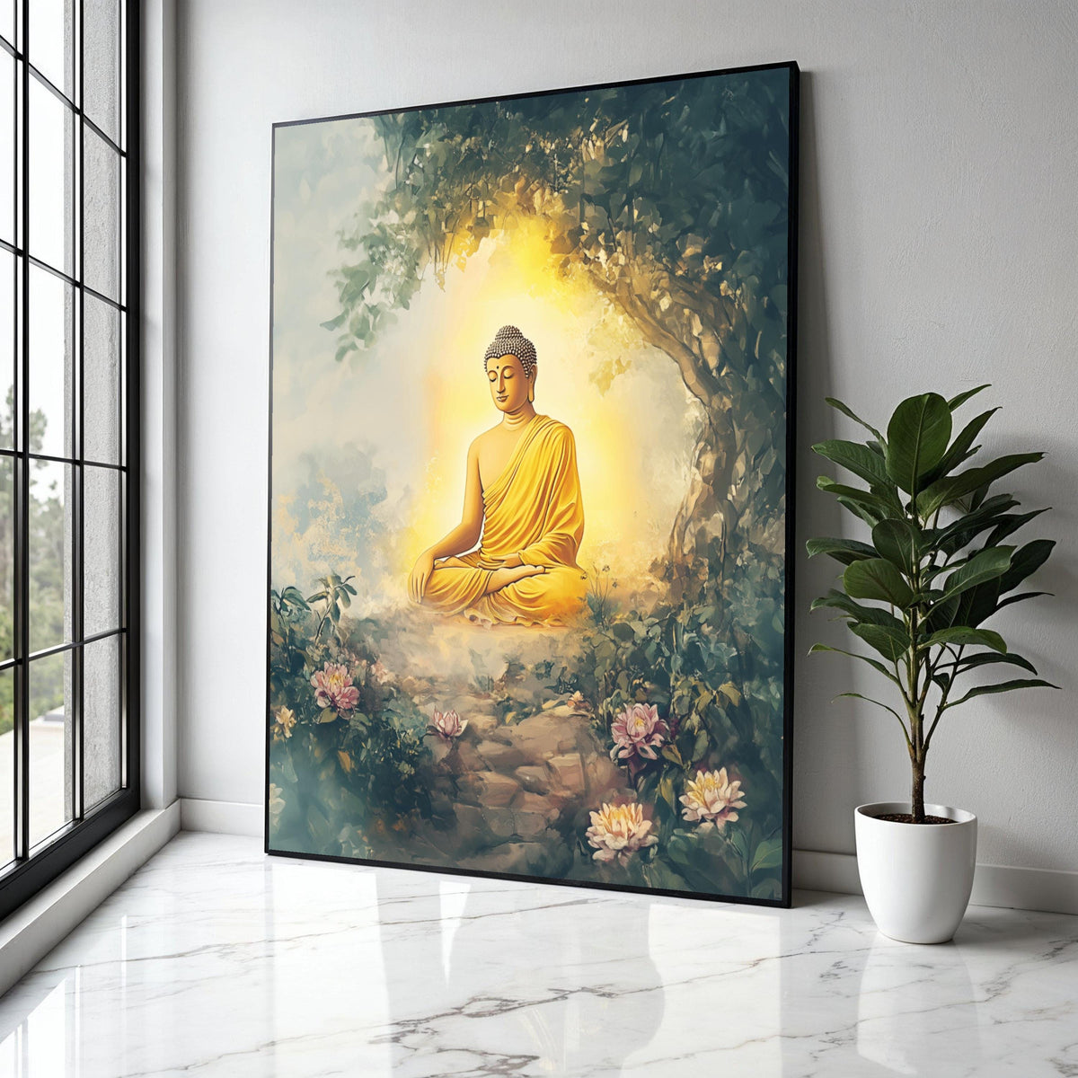 Meditating Buddha in Tranquil Garden, Spiritual Canvas Wall Art, Zen Home Decor, Peaceful Buddha Illustration, Gift Art, Home Decor, Print