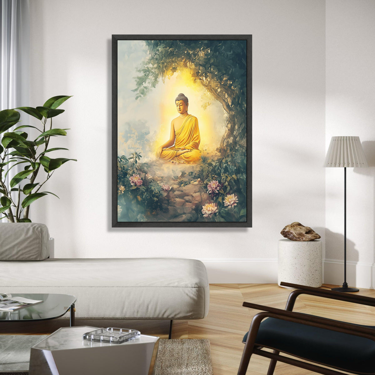 Meditating Buddha in Tranquil Garden, Spiritual Canvas Wall Art, Zen Home Decor, Peaceful Buddha Illustration, Gift Art, Home Decor, Print