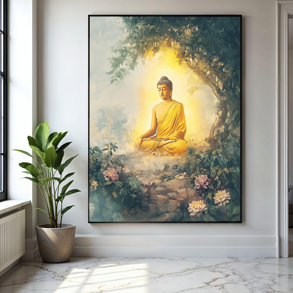 Meditating Buddha in Tranquil Garden, Spiritual Canvas Wall Art, Zen Home Decor, Peaceful Buddha Illustration, Gift Art, Home Decor, Print