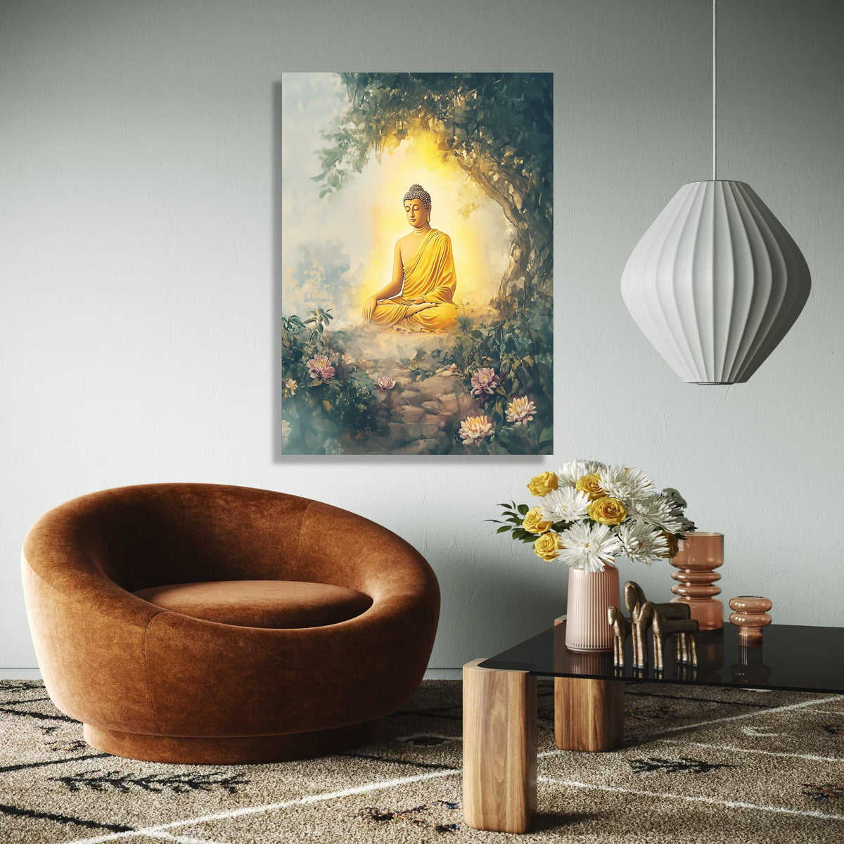 Meditating Buddha in Tranquil Garden, Spiritual Canvas Wall Art, Zen Home Decor, Peaceful Buddha Illustration, Gift Art, Home Decor, Print