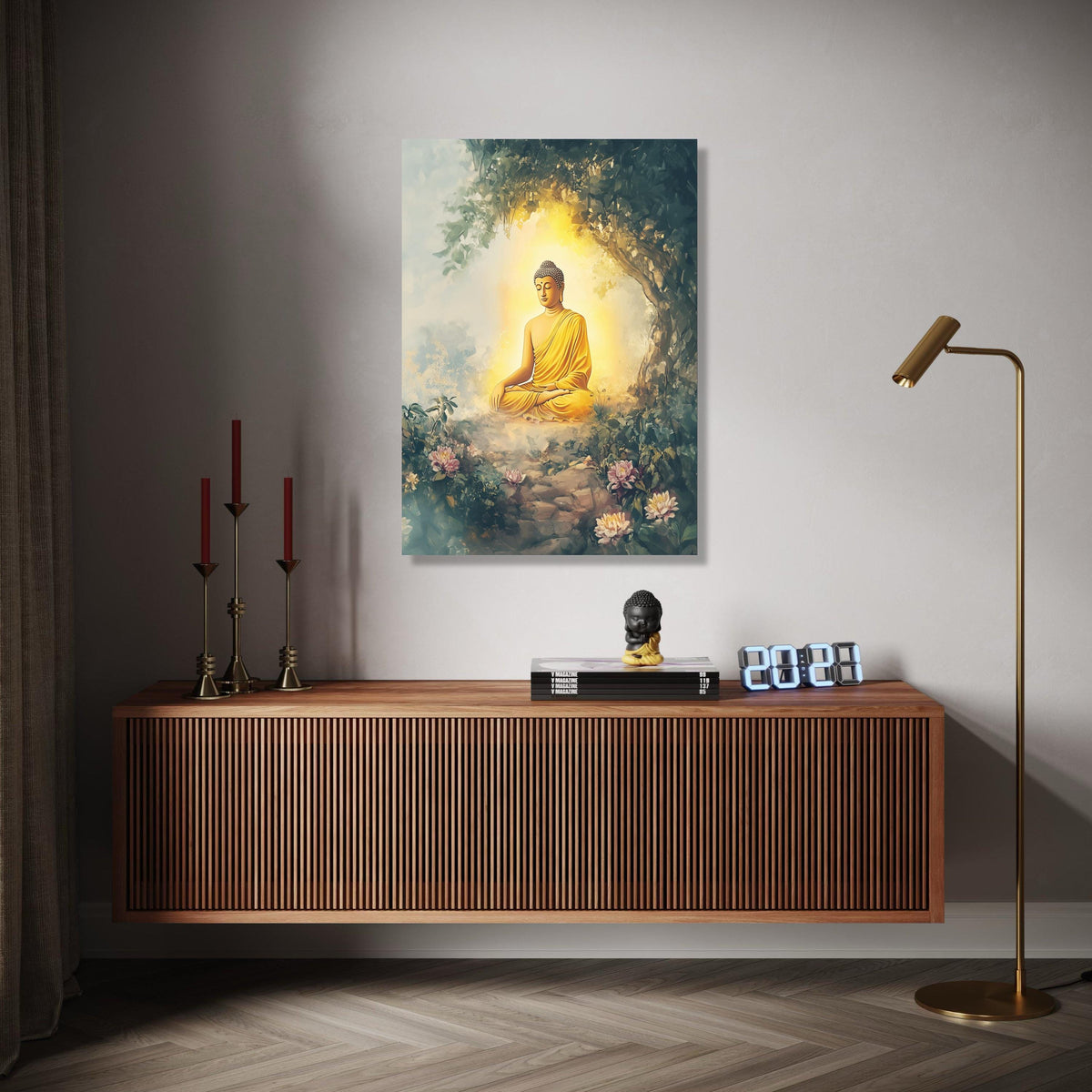Meditating Buddha in Tranquil Garden, Spiritual Canvas Wall Art, Zen Home Decor, Peaceful Buddha Illustration, Gift Art, Home Decor, Print