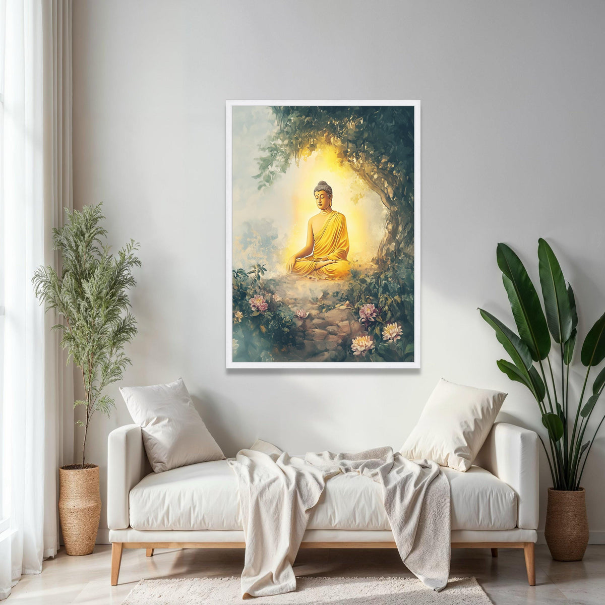 Meditating Buddha in Tranquil Garden, Spiritual Canvas Wall Art, Zen Home Decor, Peaceful Buddha Illustration, Gift Art, Home Decor, Print