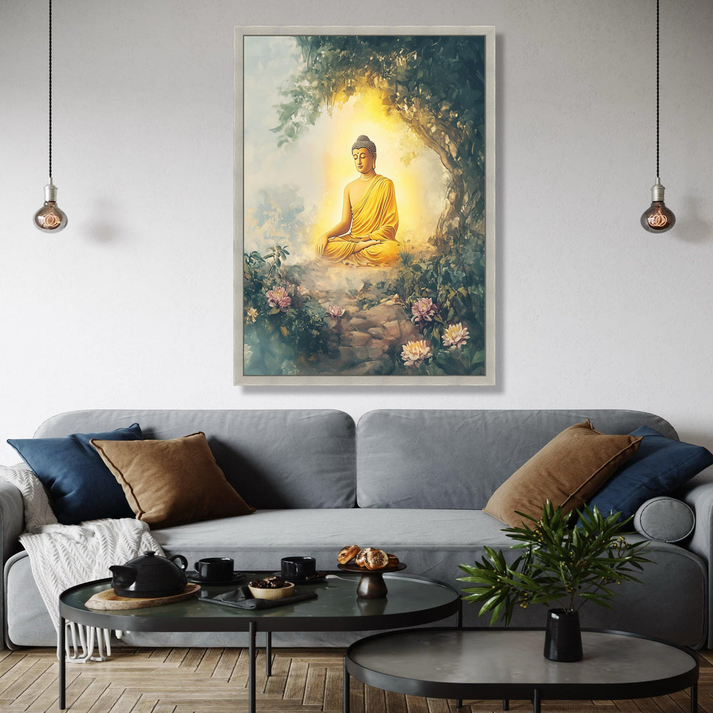 Meditating Buddha in Tranquil Garden, Spiritual Canvas Wall Art, Zen Home Decor, Peaceful Buddha Illustration, Gift Art, Home Decor, Print